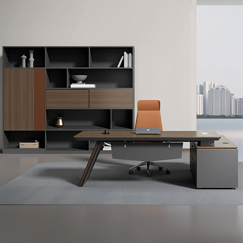 Modern L-Shaped Executive Desk 60mm Thick Top Tech Teak Wood CEO Office Furniture With Storage Cabinet and Password Lock