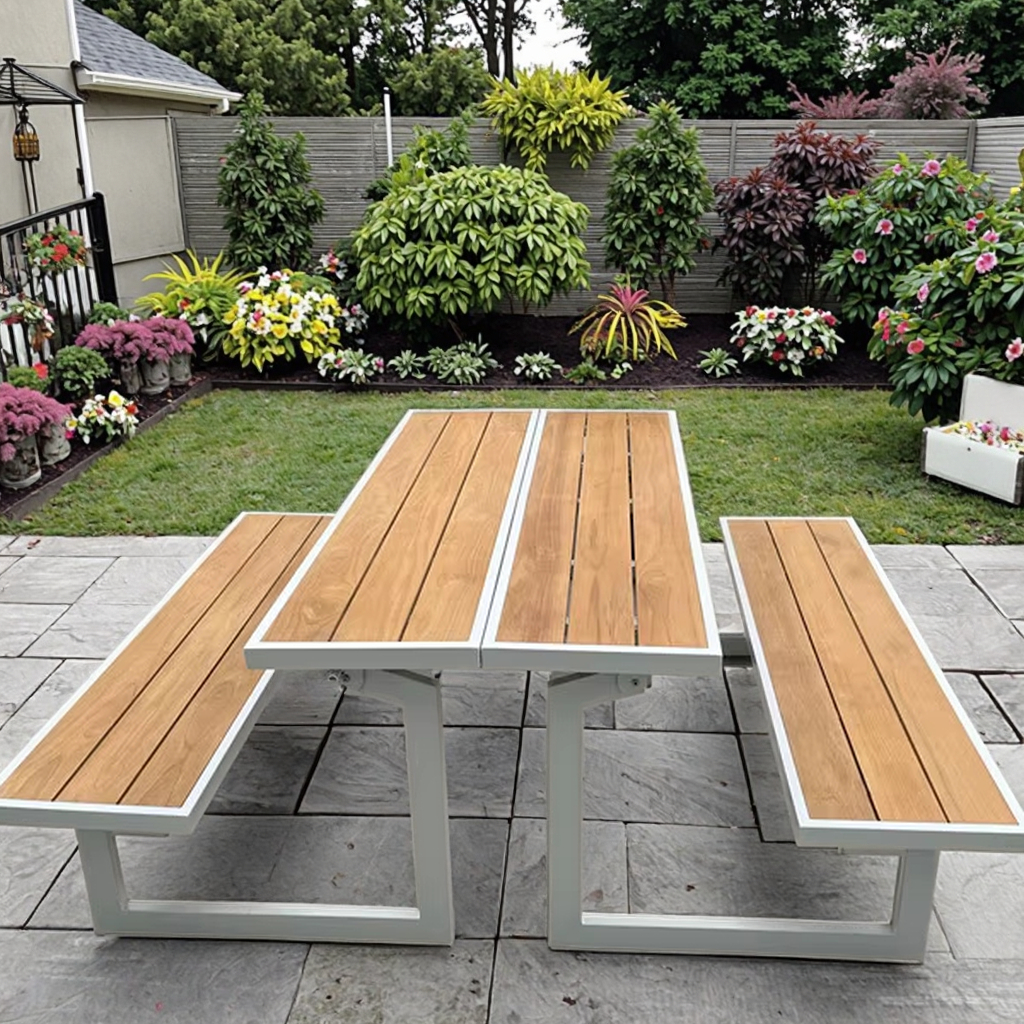 Aluminum Contemporary Bistro Coffee Garden Dining Table Mahogany Wood Slat Armrest Foldable Outdoor Furniture for Living Room
