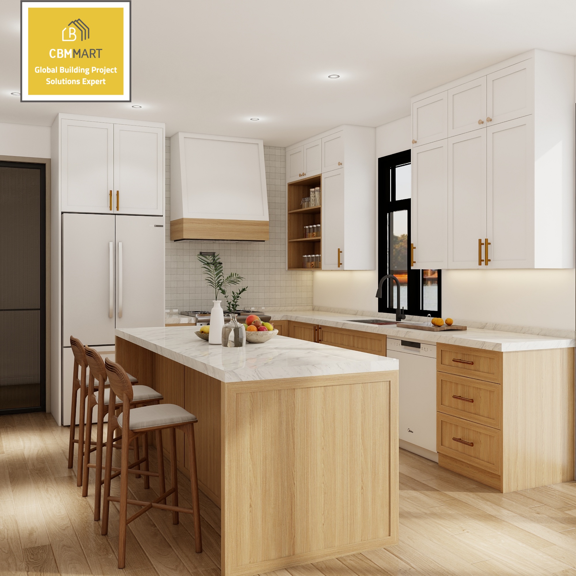 Modern White Oak Kitchen Cabinet Solid Wood Shaker Style Customized Luxury Premium Contemporary Furniture With Quartz Island