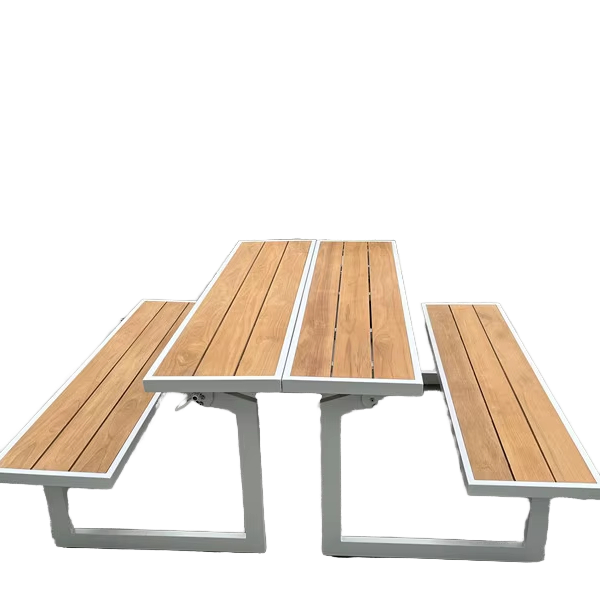 Aluminum Contemporary Bistro Coffee Garden Dining Table Mahogany Wood Slat Armrest Foldable Outdoor Furniture for Living Room