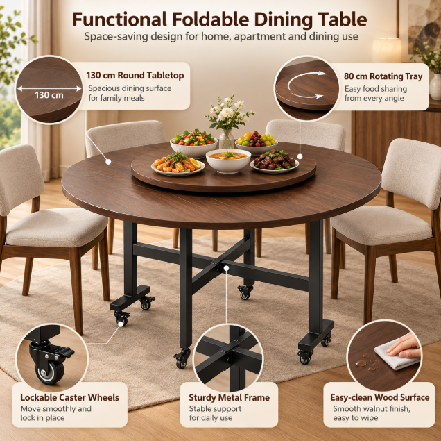 Modern Foldable Round Dining Table with Lazy Susan Drop Leaf Extendable Space Saving Table with Lockable Wheels