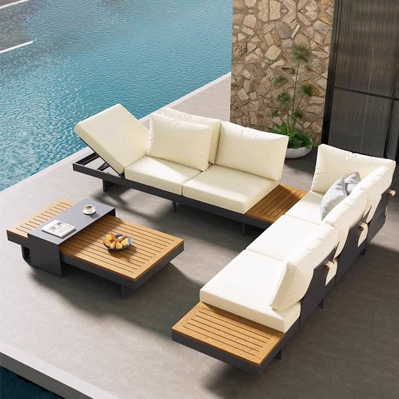 High End Hotel Modern L Shaped Teak Wood Sofa Set Outdoor Sectional Courtyard Furniture Luxury Garden Waterproof &amp; Rust Proof