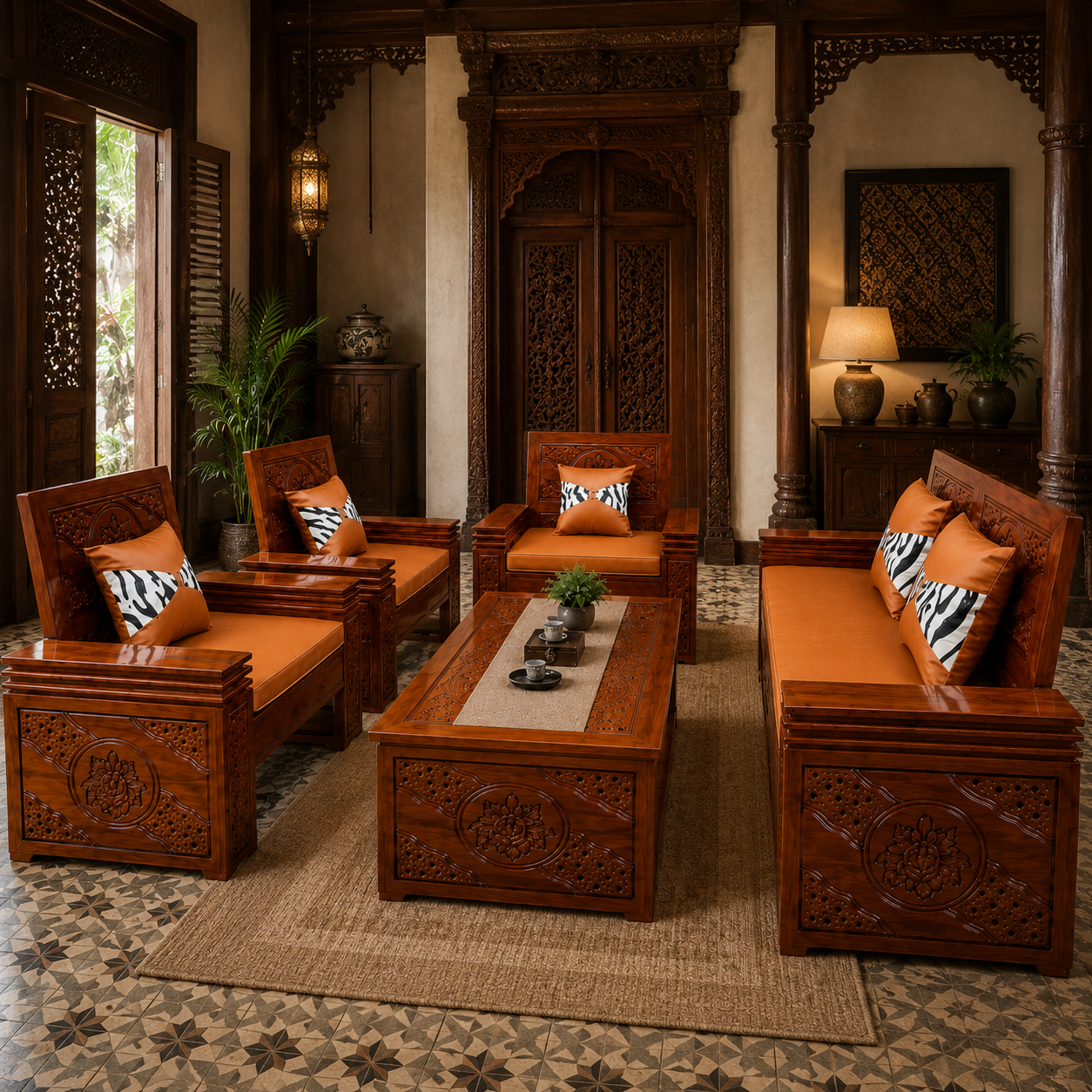 Heritage Jepara Solid Teak Wood Square Sofa Bed Hand Carved Details Premium Three Seat Living Room Furniture Traditional