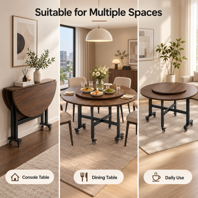 Modern Foldable Round Dining Table with Lazy Susan Drop Leaf Extendable Space Saving Table with Lockable Wheels
