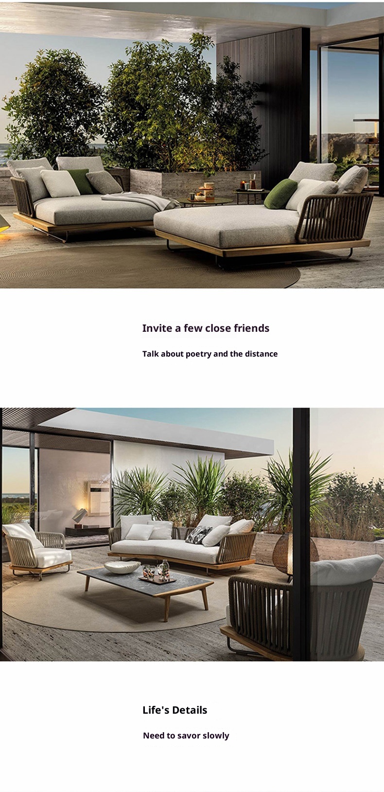 Outdoor Sofa Sunscreen Waterproof Rattan Teak 3-Seater Terrace Solid Wood Garden Coffee Table Set Furniture Customization China