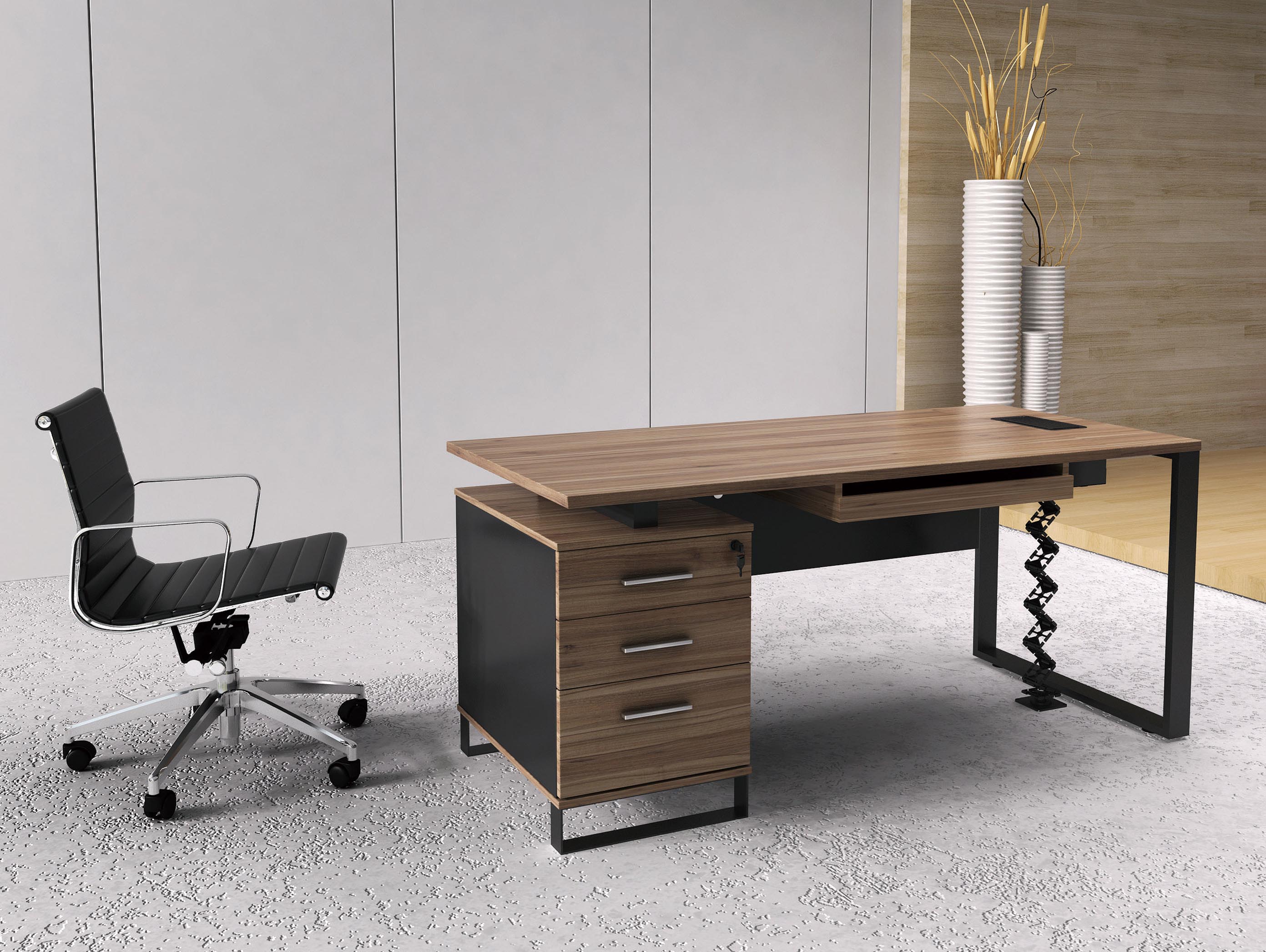 Teak Wood Melamine Office Furniture Set Straight Office Desk With Powder Coated Black Steel Legs